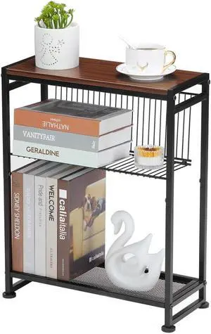 Small Side Table for Small Spaces - Slim End Table with Magazine Holder - 2 in 1 Design Narrow End Table Living Room - Skinny Bedside Table Nightstand Bedroom Thin Side Table, Cherry