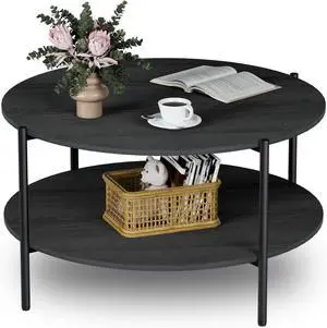 Round Coffee Table, 31" Modern Double-Layered Circular Tables, Small Coffee Table with Open Storage Shelf, Round Wood Center Table, for Living Room, Bedroom, Office, Grey