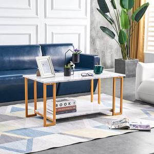 Rectangle Faux Marble Coffee Table Table-Modern Side Coffee Table with Lower Shelf Gold Metal Legs-Suit for Living Room