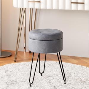 Faux Leather Vanity Stool, Round Desk Stool with Metal Legs, Tufted Storage Stool with Tray Top Coffee Table, Upholstered Makeup Stool for Vanity, Living Room, Bedroom, Entryway, Office, Grey