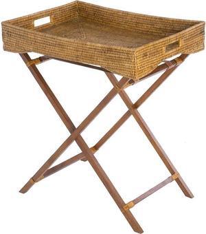 KOUBOO La Jolla Rattan Butler Tray with Folding Wood Stand, Ottoman, Coffee Table Trays, Serving Food Eating Drink Breakfast Bed Room, Home Decor, Honey Brown