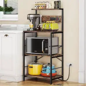 Bakers Rack with 3 Power Outlets, 4-Tier Microwave Stand with Storage, Freestanding Kitchen Shelf Stand 23.6L x 15.7W x 51.2L, Rustic Brown Coffee Bar Table
