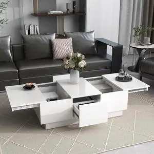 Modern Coffee Table with 2 Large Hidden Storage Compartment,Extendable Cocktail Table with 2 Drawers and Sliding Top,for Living Room/Home Office/Reception Room (White@t)