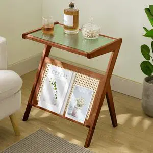 Rattan End Table with Magazine Rack Glass-top Bamboo Sofa Side Table Accent Bedside Nightstand Boho Z Shaped Coffee Table for Bedroom Living Room Small Space, Walnut