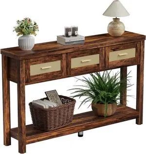 51.2" Console Table, Industrial 2-Tier Narrow Sofa Table Entryway Table with 3 Drawers, Wood Accent Tables with Storage Shelf for Living Room, Hallway, Foyer, Entrance Bedroom Vintage Brown