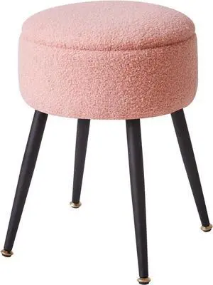 Vanity Stool, Pink Vanity Chair with Storage, Foot Stools Ottoman Small, Soft Faux Teddy Fur Stool with 4 Metal Legs, 13" Dx18 H Small Side Coffee Table for Living Room Bedroom Pink YD-RMS137P