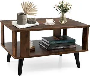 Industrial Coffee Table, 2-Tier Center Table with Large Tabletop & Open Shelf, Retro Rectangular Tea Table w/Side Baffle, Wooden Accent Living Room Furniture, Rustic Brown