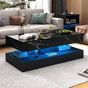 47.2" Large High-Glossy LED Coffee Table with 2 Sliding Drawers, Living Room Storage Coffee Tables with Marbling Print, Modern Stylish Double-Layer Center Tables w/LED Lights, Black