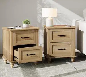 WAMPAT Nightstands with Charging Station Set of 2, 20 Inch Night Stand with 2 Drawers, Wooden Rustic Bedside Table End Tables with Solid Wood Legs for Bedroom, Natural Oak