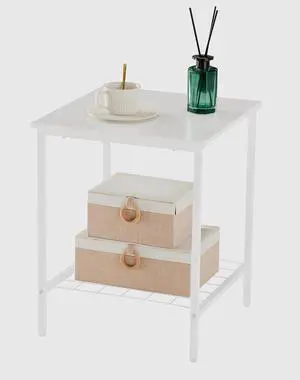 End Table with Shelves 16 Inch Square 2-Tier Coffee Tea Wooden End Table Nightstand for Sofa Couch Bed Industrial Style Beside Table for Living Room Bedroom White 1PCS