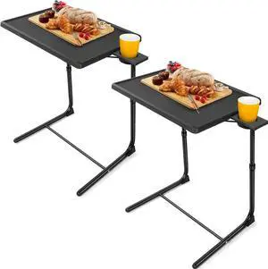 LORYERGO Multifunctional TV Tray Table - [2 Packs] Adjustable TV Dinner Tray Tables with 6 Height & 3 Tilt Angle, Folding TV Trays with Cup Holder for Bed & Sofa, for Eating & Reading