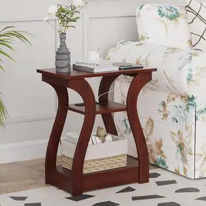 End Tables Living Room, Cherry End Table with Charging Station, Nightstand for Bedroom, 3 Tier End Table with Storage Shelf for Living Room(Cherry)