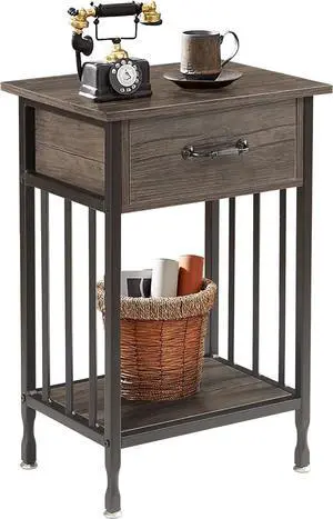 VECELO Nightstands,3-Tier Side Table End Table with Drawer and Storage Shelf,Bedside Tables Organizer,Night Stands for Bedroom, Living Room,Wood Table with Metal Frame