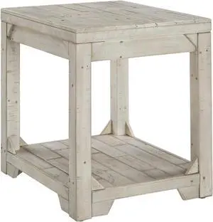 Signature Design by Ashley Fregine Farmhouse Square End Table with Floor Shelf, Weathered White Finish