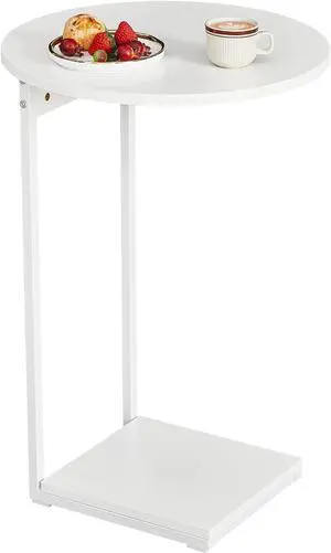 WOHOMO Side Table Living Room, Small End Table for Small Space, 25.6" C Shaped Tall Slide Under Couch Tables, Slim End Table with 15" Round Cute Look for Living Room, Bedroom, White