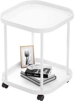 Side Table with Wheels, End Table Living Room Plastic Mobile Sofa Side Table Small Night Stand Bedroom Matte White