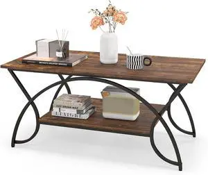 Giantex 2-Tier Rectangular Coffee Table, Wood Grain Table with Open Storage Shelf, Black Finished Metal Frame, Industrial Center Table for Living Room, Reception Room (Coffee)