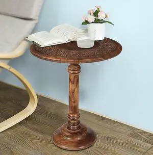 Lightnpro Hand-Carved Wooden Round Table, Pillar Design for Living Room, Bedroom & Hallway  End, Altar & Farmhouse Coffee Table  18" Round Top x 22" High  Burnt Finish