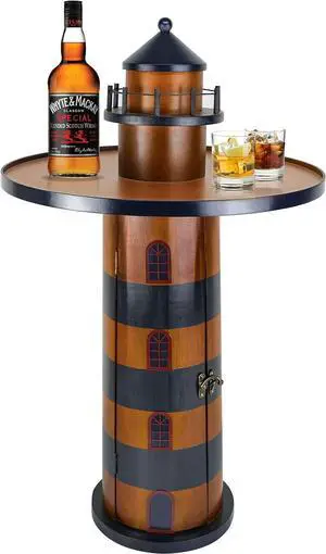 SAILINGSTORY Wooden Lighthouse Nautical Round Coffee Table Beach Coastal End Table Side Table with Storage