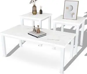 DKLGG Faux Marble Coffee Table Set of 3 Piece, Living Room Table Set Coffee Table & 2pcs End Table with Metal Frame Sofa Side Tables Perfect for Living Room Apartment Accent Furniture