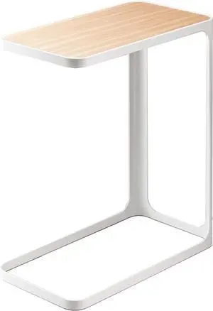 Yamazaki Home Small Metal and Wood Bedside Compact Side Table for Modern Living Room - Narrow C Shaped Slim End Table Steel One Size White