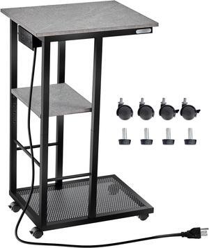 Redlife C Shaped End Table, Small Side Table with Rolling Wheels for Couch with Charging Station, High Slide Under Sofa TableSnack Side Table with Storage Basket for Small Spaces(Grey)