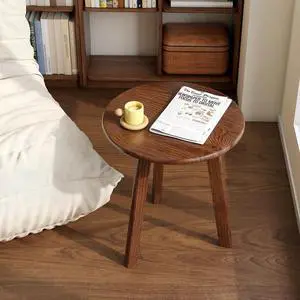 100% Solid Oak Small Round Side Table, Small Coffee Table for Small Spaces, Mid Century Living Room End Table with Stable Frame for Bedroom Couch, (Walnut, 17.71" D x 17.71" W x 19.68" H)