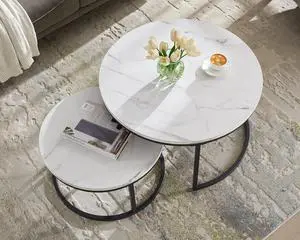 Modern Nesting Coffee Table Set of 2 for Living Room, Office, Balcony, Mid Century Round Wood Accent Coffee MDF Faux Marble Tabletop w/Black Color Frame, Gift for Thanksgiving Christmas -White