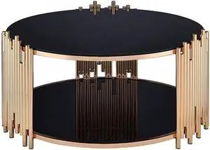 BOWERY HILL 37" Round Modern Metal & Glass Coffee Table with Gold Rim, Assembly Require, Incredible Quality, for Living Room, in Black & Gold Finish