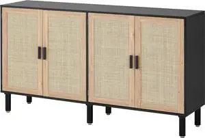 Finnhomy 4 Door Sideboard Buffet Cabinet, Kitchen Storage Cabinet with Rattan Decorated Doors, Cupboard Console Table, Boho Accent Liquor Cabinet, Bar Cabient, 62.3X 15.7X 34.6 Inches, Black