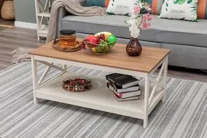 Farmhouse Coffee Table with Storage, Square Modern Center Table with Shelf for Living Room, Rustic Wood Look Cocktail Table, Easy Assembly, Ivory+Oak