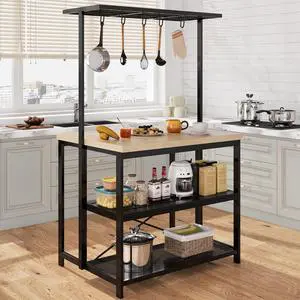 43'' Large Kitchen Island Bakers Rack Microwave Oven Stand Shelf with 3 Tier Storage, Metal Coffee Bar Table,Kitchen Storage for Dining Living Room, 5 Hooks, 43.7 * 27.9 * 72