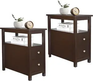 ZENY Side Table Set of 2 Chairside Table Narrow End Table with Storage Shelf and Drawers Small End Table for Bedroom Living Room Kitchen,Wood,Espresso