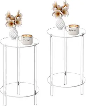 HMYHUM Acrylic Round Side Table Set of 2, 11.8" L x 11.8" W x 20.2" H, Clear Small End Table for Small Spaces, 2-Tier Nightstand/Bedside Table for Living Room, Bedroom, Modern