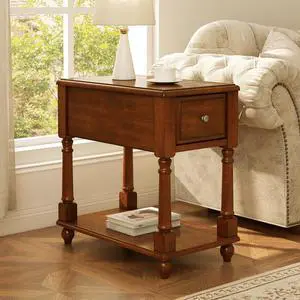 Narrow End Table with Drawer and Shelf, Solid Wood Sofa Side Table 2-Tier Skinny Table with Storage Slim Bedside Table for Small Spaces Living Room-Cherry Brown BBJ-004-DR
