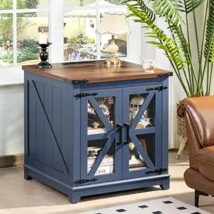 Farmhouse End Table with Charging Station, 24" Large Sofa Side Table with Glass Barn Door, Blue Nightstand with Adjustable Storage Shelf,Wood Square Bedside Table for Living Room,Bedroom