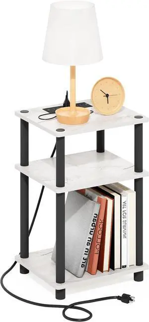 Furinno Just 3-Tier Turn-N-Tube USB and Type-C Charging Port End Table with Open Storage, 11.42 (W) x 8.82 (H) x 6.77 (D) inches, Marble White/Black Furinno Just 3-Tier Turn-N-Tube USB and Type-C Charging Port End Table with Open Storage, 11.42 (W) x 8.82 (H) x 6.77 (D) inches, Marble White/Black
