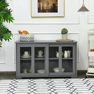 Sideboard Buffet Cabinet, Stackable Cupboard Storage Table with Adjustable Shelf & Glass Sliding Doors, Wooden Credenza Coffee Bar Cabinet for Kitchen/Dining Room/Living Room/Entryway (Grey)