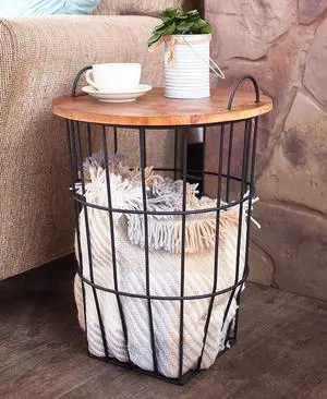 Wood Top Storage Basket Side Table 17" Dia. x 22-1/2"H