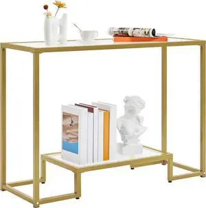 Yaheetech 42 Inch Console Table, Tempered Glass Entryway Table, Narrow Sofa Table, 2-Tier Hallway Table, Entrance Table for Living Room Bedroom, Gold