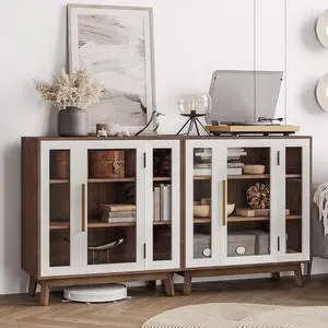 BELLEZE Set of 2 Sideboard 31 Inch Buffet Cabinet with 3-Tiers Shelves and Glass Display Door, Console Table Storage/Pantry Cabinet Coffee Bar for Living Room, Entryway - White