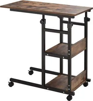 HOMCOM Industrial C-Shaped Mobile Rolling Sofa Side Table with 3-Tier Storage Shelving, Adjustable Height, & Wheels