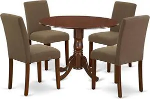 East West Furniture DLAB5-MAH-18 5 Piece Kitchen Table & Chairs Set Includes a Round Dining Room Table with Dropleaf and 4 Coffee Linen Fabric Parson Dining Chairs, 42x42 Inch, Mahogany