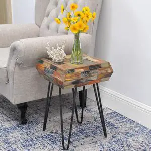 Square Reclaimed Wood Side Table Multi Color 14" x 14" x 20" H Wooden End Coffee Table Vintage Accent Patio Drum End Table Rustic Plant Stand Outdoor Living Room Bedroom