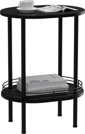 Round end Table,Small Side Table,2-Layer Storage Shelves for Small Spaces,Small Bedside Table with Storage, Samll Side Table for Living RoomBathroomBedroom, Nursery, Laundry, Black