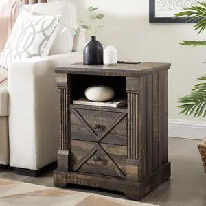 Nightstand with Charging Station, Rustic 18 Inch Farmhouse End Table with Barn Door, Wood Sofa Side Table with 2 Storage Drawers for Living Room, Bedroom, Entryway(Dark Rustic Oak)