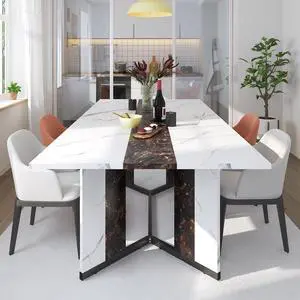 71In Large Rectangular White Dining Table for 4 5 6 7 People w/35in Marble-Color Wood Watrproof Tabletop,Adjustable Leg.6ft Luxurious Family Dinner Table for Home Kitchen Living Room