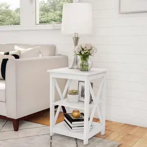 Wooden End Table - Modern Style Sofa Side Table with X-Leg Design and Two Shelves - Small Furniture for Living Room or Bedroom by Lavish Home (White)
