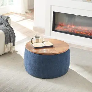 Round Storage Ottoman Coffee Table, Footstool, Side Table End Table for Living Room (Navy Blue)