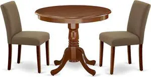 East West Furniture ANAB3-MAH-18 3 Piece Modern Dining Table Set Contains a Round Kitchen Table with Pedestal and 2 Coffee Linen Fabric Parson Dining Chairs, 36x36 Inch, Mahogany